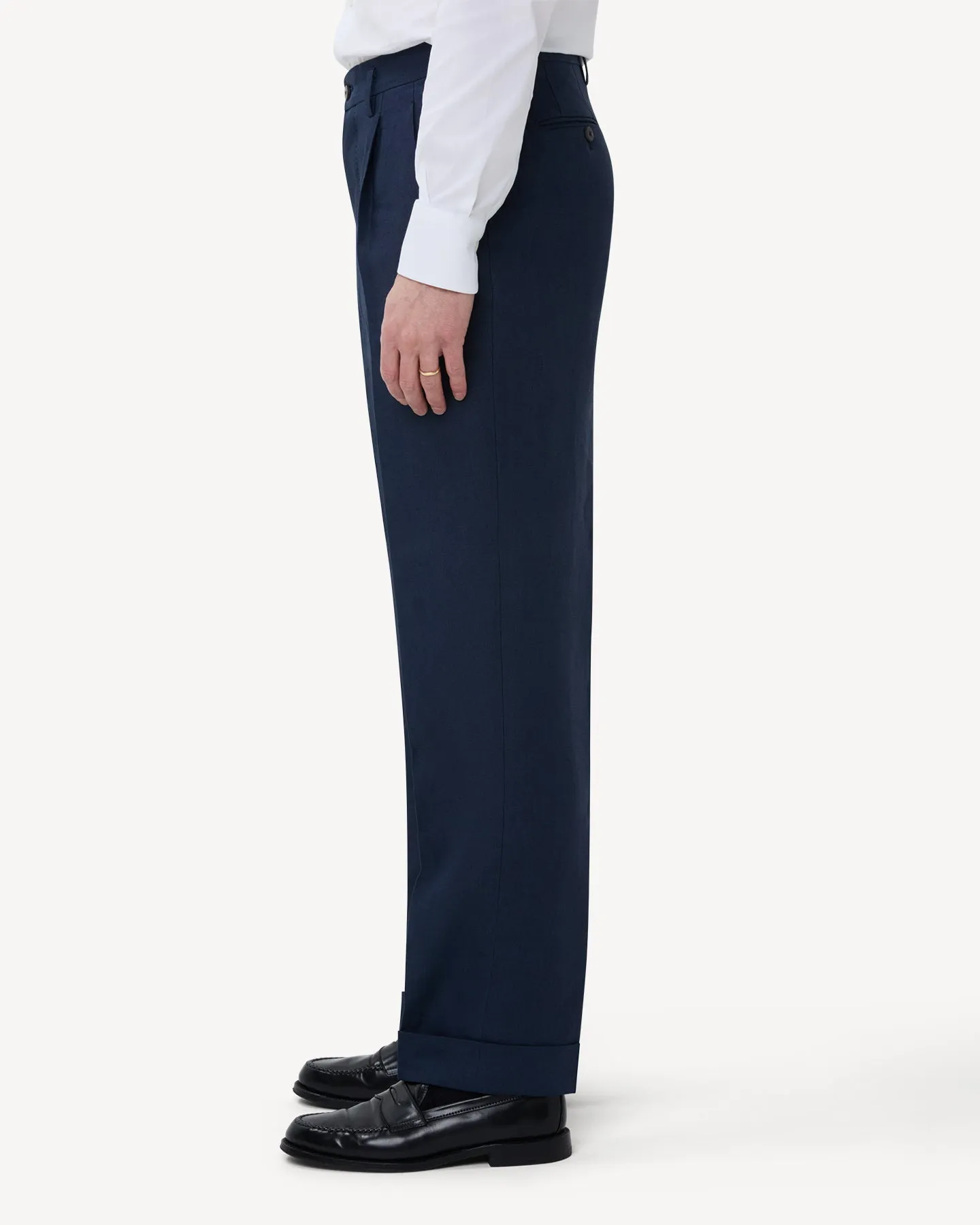 Navy Double Pleat Linen Trousers