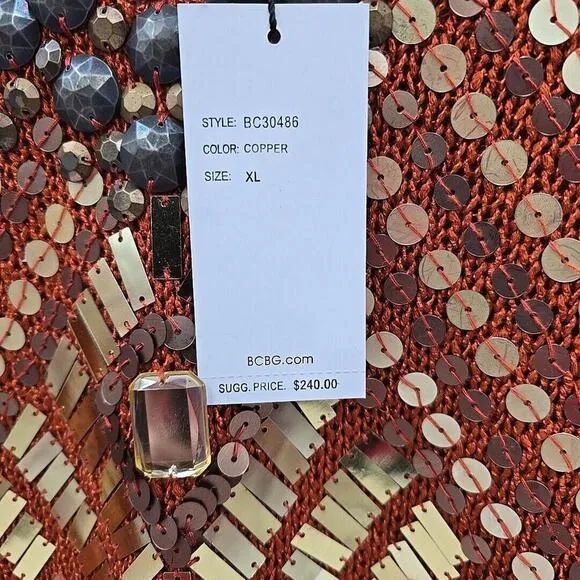 NEW BCBGMaxazria Open Knit Tunic Sweater Size XL Copper Embellished Rust