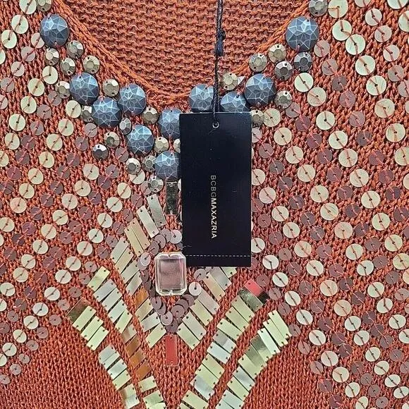 NEW BCBGMaxazria Open Knit Tunic Sweater Size XL Copper Embellished Rust