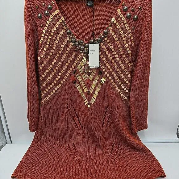 NEW BCBGMaxazria Open Knit Tunic Sweater Size XL Copper Embellished Rust