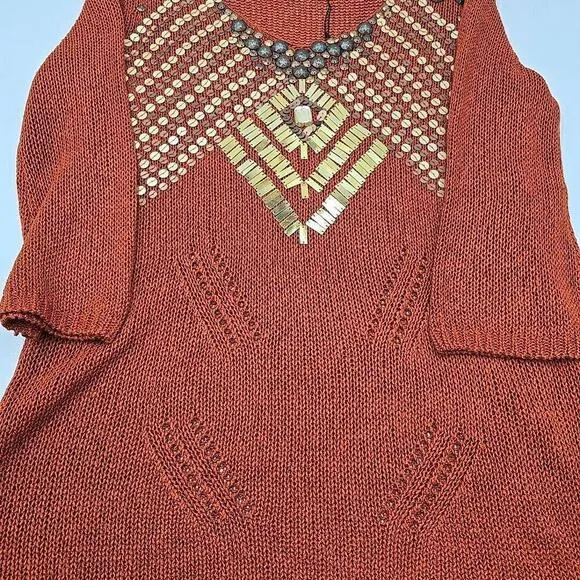 NEW BCBGMaxazria Open Knit Tunic Sweater Size XL Copper Embellished Rust