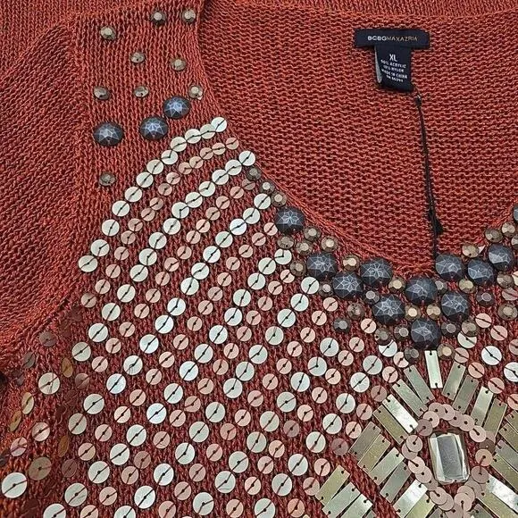 NEW BCBGMaxazria Open Knit Tunic Sweater Size XL Copper Embellished Rust