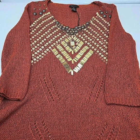NEW BCBGMaxazria Open Knit Tunic Sweater Size XL Copper Embellished Rust