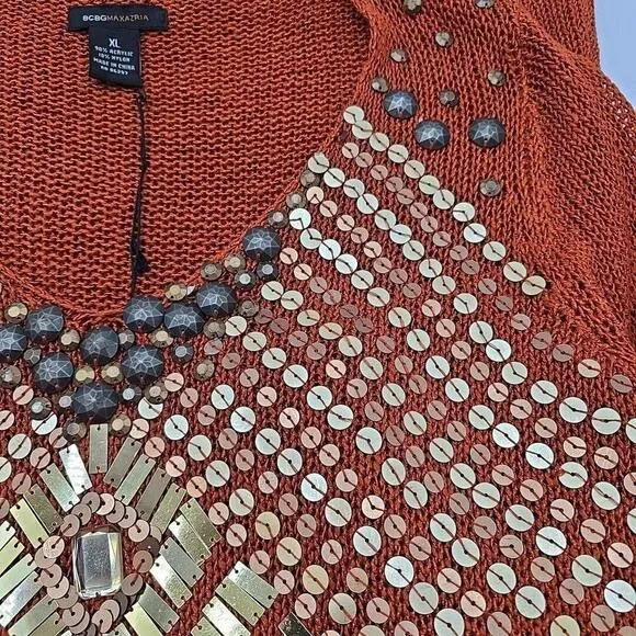 NEW BCBGMaxazria Open Knit Tunic Sweater Size XL Copper Embellished Rust