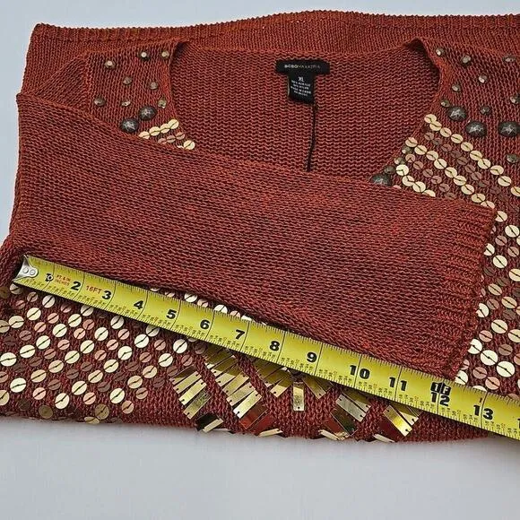 NEW BCBGMaxazria Open Knit Tunic Sweater Size XL Copper Embellished Rust