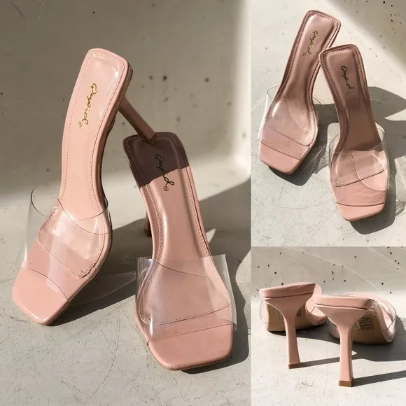 NEW Clear Blush Transparent Band Square Open Toe Slip On Heeled Mules Sandals