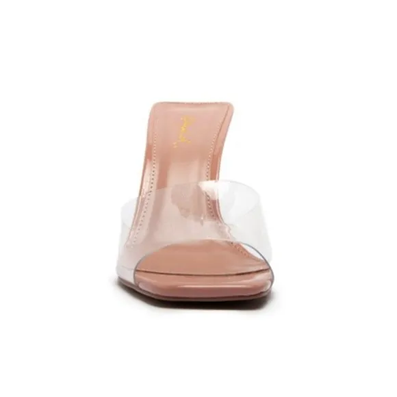 NEW Clear Blush Transparent Band Square Open Toe Slip On Heeled Mules Sandals