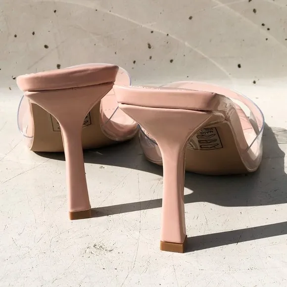 NEW Clear Blush Transparent Band Square Open Toe Slip On Heeled Mules Sandals