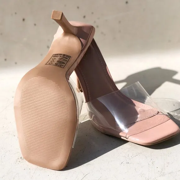 NEW Clear Blush Transparent Band Square Open Toe Slip On Heeled Mules Sandals