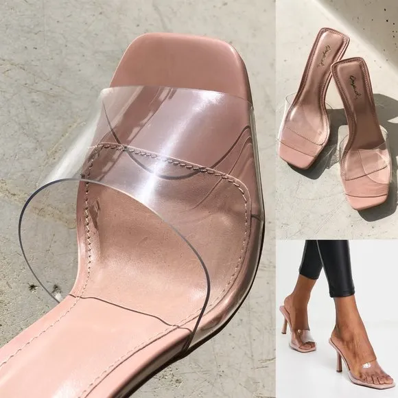NEW Clear Blush Transparent Band Square Open Toe Slip On Heeled Mules Sandals