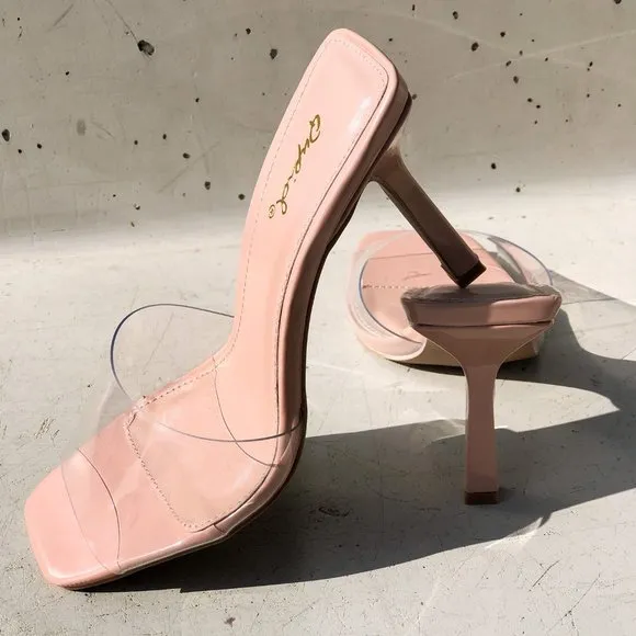 NEW Clear Blush Transparent Band Square Open Toe Slip On Heeled Mules Sandals
