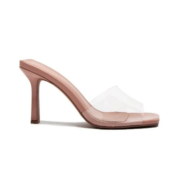 NEW Clear Blush Transparent Band Square Open Toe Slip On Heeled Mules Sandals