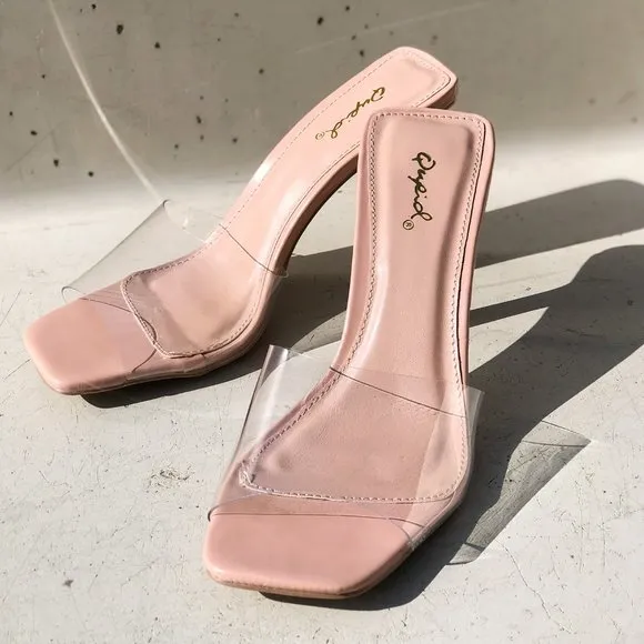 NEW Clear Blush Transparent Band Square Open Toe Slip On Heeled Mules Sandals