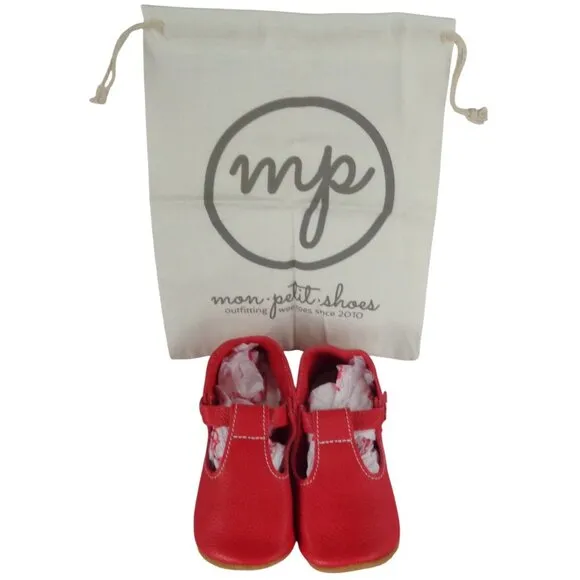 New Mon Petit Red Leather Mary Jane T-Strap Toddler 7 Shoes Soft Sole Handmade