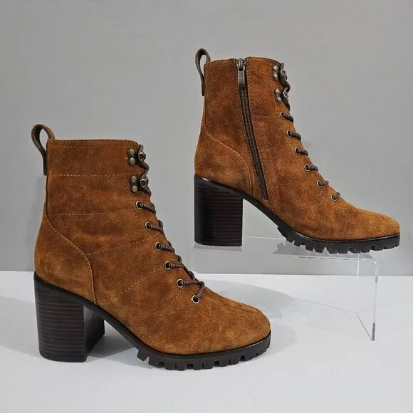 NEW Paige Christie Heeled Ankle Boot Lace Up Brown Suede Size 8.5