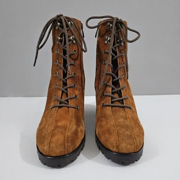 NEW Paige Christie Heeled Ankle Boot Lace Up Brown Suede Size 8.5