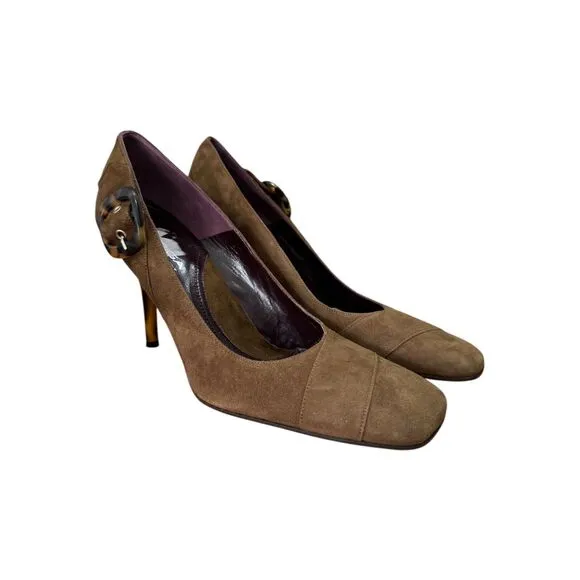 New Vintage Y2k Via Spiga Brown Suede Tortoise Shell Buckle Pumps Women Sz 10M