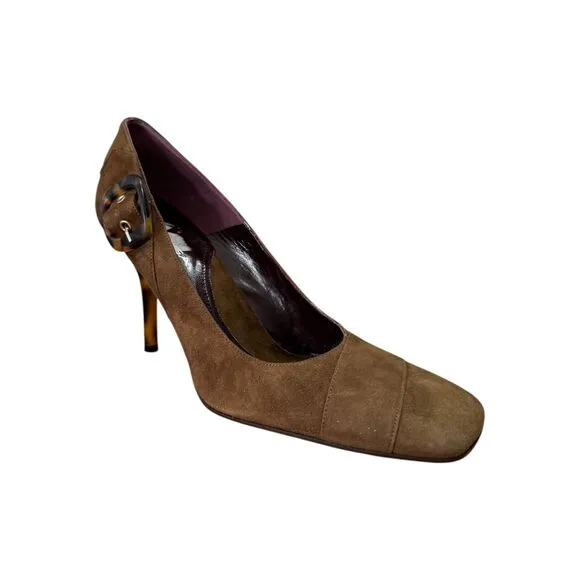 New Vintage Y2k Via Spiga Brown Suede Tortoise Shell Buckle Pumps Women Sz 10M