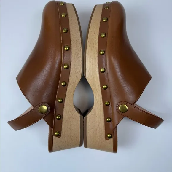 New Without Box J Crew Reversible Leather Wood Sole Brown Clogs Size 7.5