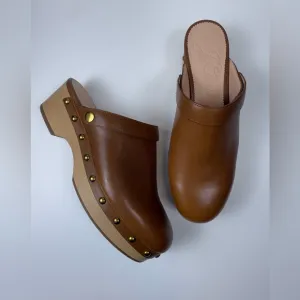 New Without Box J Crew Reversible Leather Wood Sole Brown Clogs Size 7.5