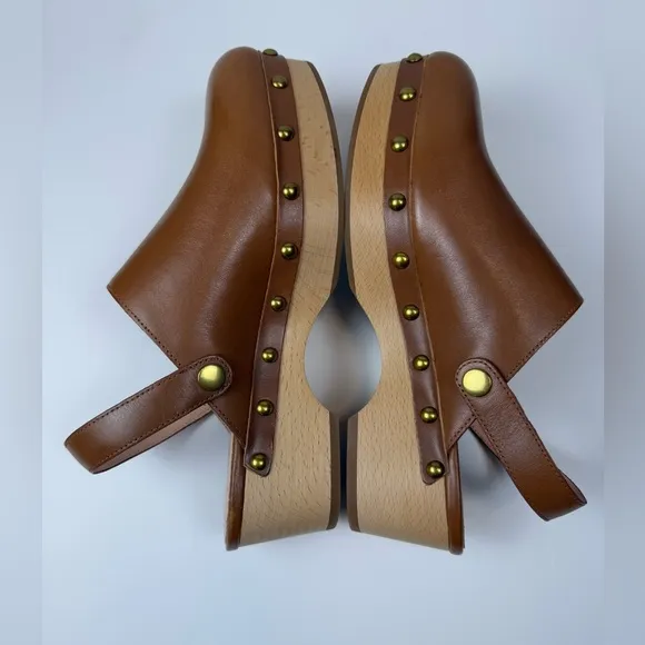 New Without Box J Crew Reversible Leather Wood Sole Brown Clogs Size 7.5
