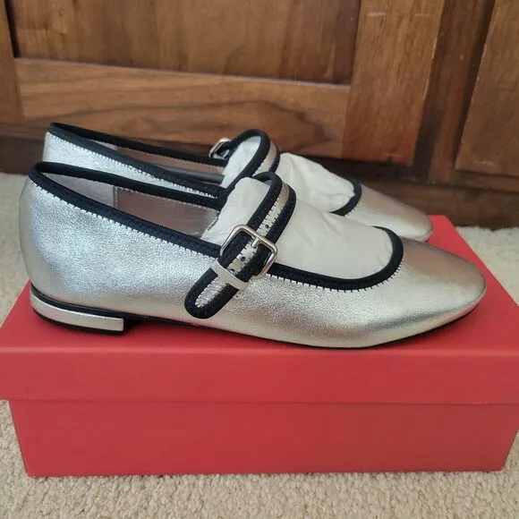 NIB Anthropologie Maeve Mary Jane Flats Women Shoes Size 8-8.5 EU 39 Silver