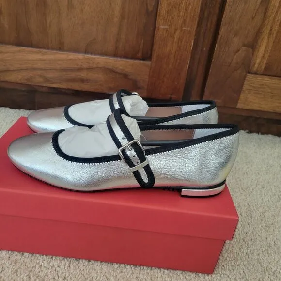 NIB Anthropologie Maeve Mary Jane Flats Women Shoes Size 8-8.5 EU 39 Silver