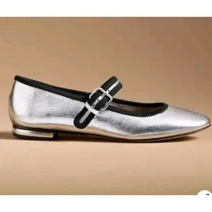 NIB Anthropologie Maeve Mary Jane Flats Women Shoes Size 8-8.5 EU 39 Silver