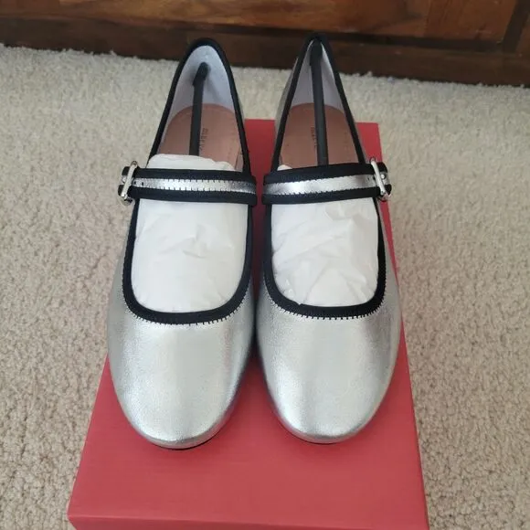 NIB Anthropologie Maeve Mary Jane Flats Women Shoes Size 8-8.5 EU 39 Silver
