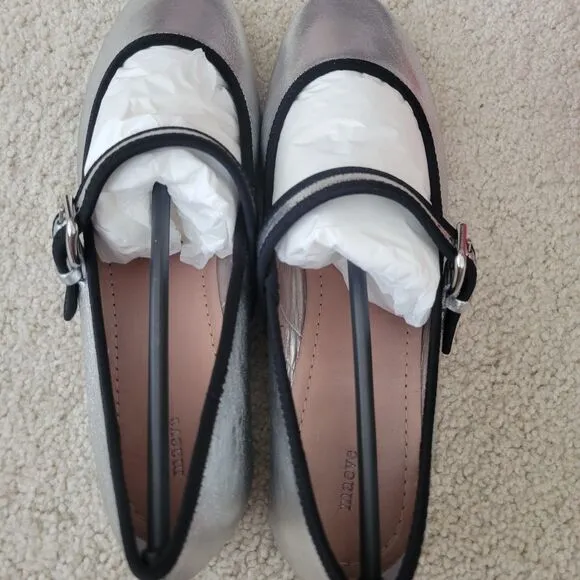 NIB Anthropologie Maeve Mary Jane Flats Women Shoes Size 8-8.5 EU 39 Silver