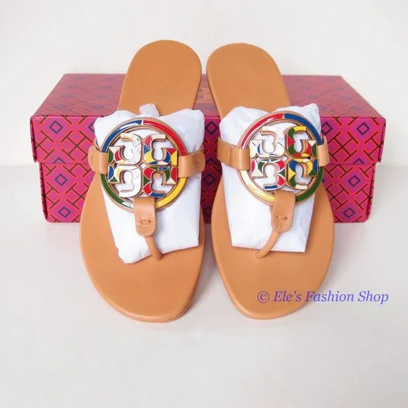 NIB Tory Burch Enamel Miller Soft Leather Sandals Natural Vachetta 7 7.5 8 9 9.5