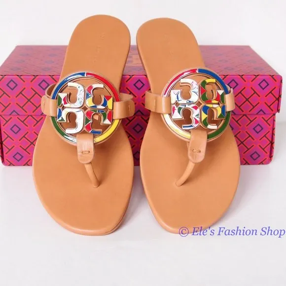 NIB Tory Burch Enamel Miller Soft Leather Sandals Natural Vachetta 7 7.5 8 9 9.5