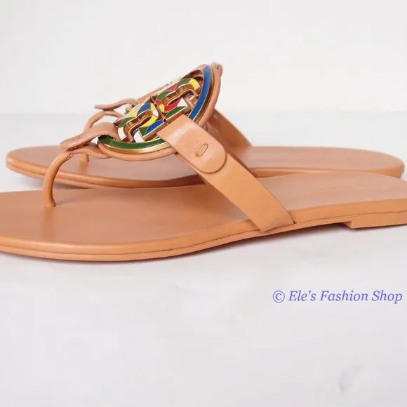 NIB Tory Burch Enamel Miller Soft Leather Sandals Natural Vachetta 7 7.5 8 9 9.5