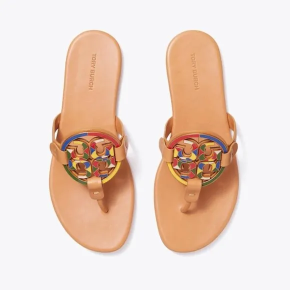 NIB Tory Burch Enamel Miller Soft Leather Sandals Natural Vachetta 7 7.5 8 9 9.5