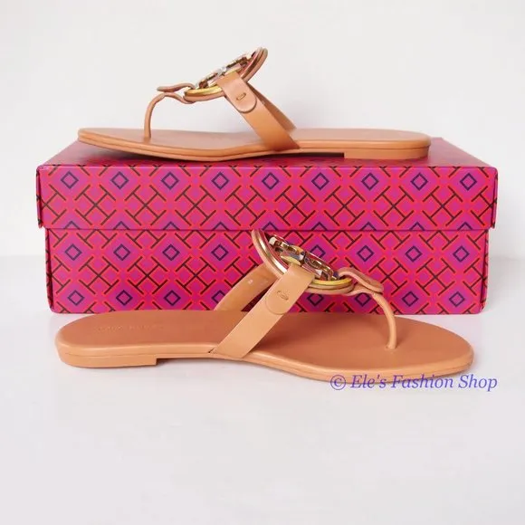 NIB Tory Burch Enamel Miller Soft Leather Sandals Natural Vachetta 7 7.5 8 9 9.5