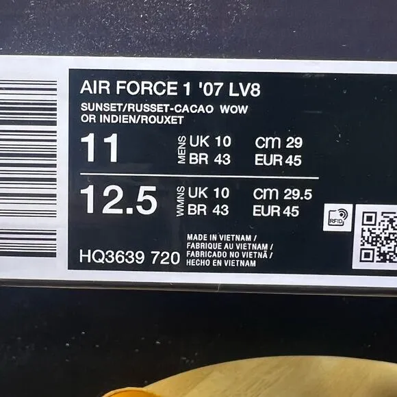 Nike Air Force 1 '07 LV8 Low Sunset Cacao Wow Russet Orange HQ3639-720 Sz 11 Men