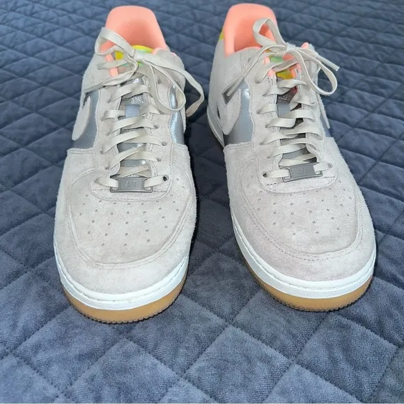 Nike Air Force 1 Women 10 Beige Suede 07 Prm Metallic Silver Shoes Sneakers