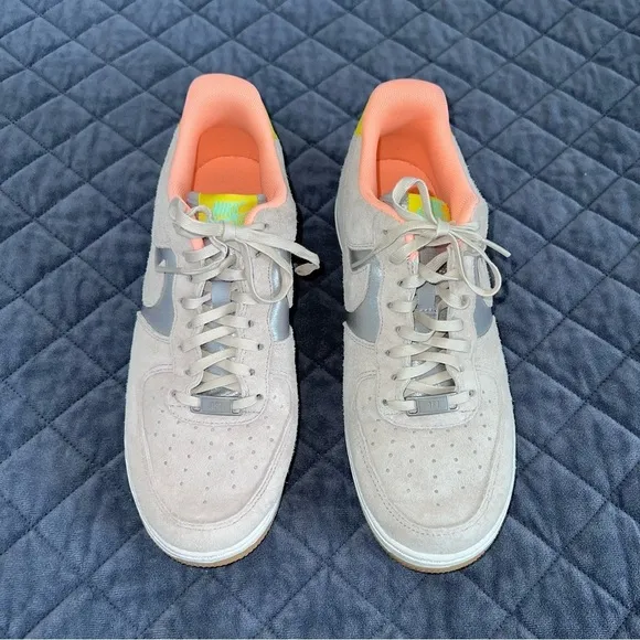 Nike Air Force 1 Women 10 Beige Suede 07 Prm Metallic Silver Shoes Sneakers