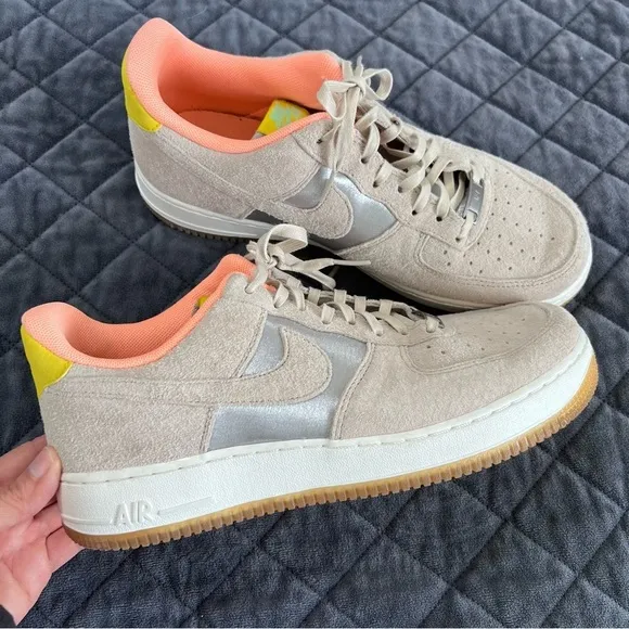 Nike Air Force 1 Women 10 Beige Suede 07 Prm Metallic Silver Shoes Sneakers