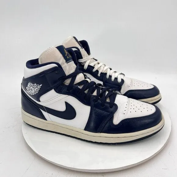 Nike Air Jordan 1 Mid Men Size 10.5 554724 174 White Metallic Gold Obsidian Shoe