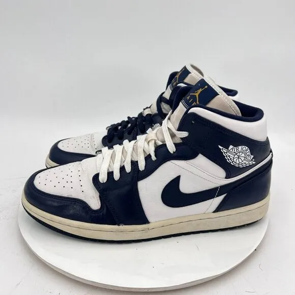 Nike Air Jordan 1 Mid Men Size 10.5 554724 174 White Metallic Gold Obsidian Shoe