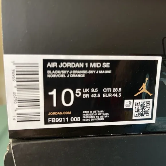 Nike Air Jordan 1 Mid Shoes Sky J Mauve Black Orange Men Size 10.5 FB9911-008
