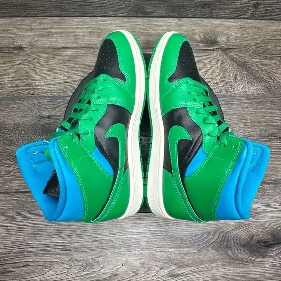 Nike Air Jordan 1 Mid Shoes Black Lucky Green Aquatone BQ6472-033 Women Sz 10.5