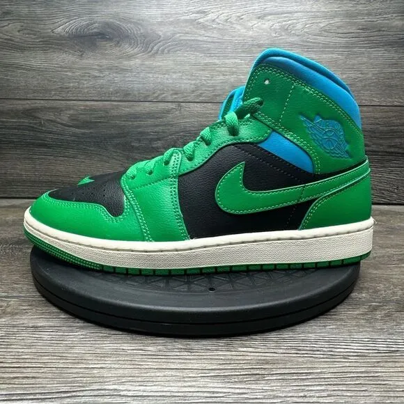 Nike Air Jordan 1 Mid Shoes Black Lucky Green Aquatone BQ6472-033 Women Sz 10.5