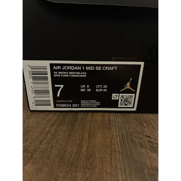 Nike Men Size 7 Air Jordan 1 Mid SE Craft Shoes 'Dark Smoke Red' FD8634-001