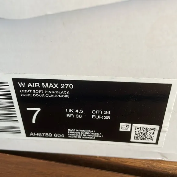 Nike Air Max 270 Light Soft Pink USA Women Size 7/UK 4.5/EU 38(AH6789-604)