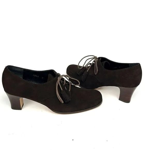 NWB Robert Clergerie France Vintage Brown Suede Lace Up Moccasin Heels 8,5