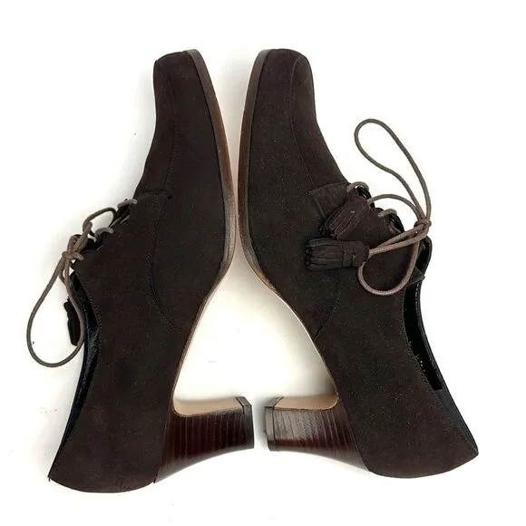 NWB Robert Clergerie France Vintage Brown Suede Lace Up Moccasin Heels 8,5
