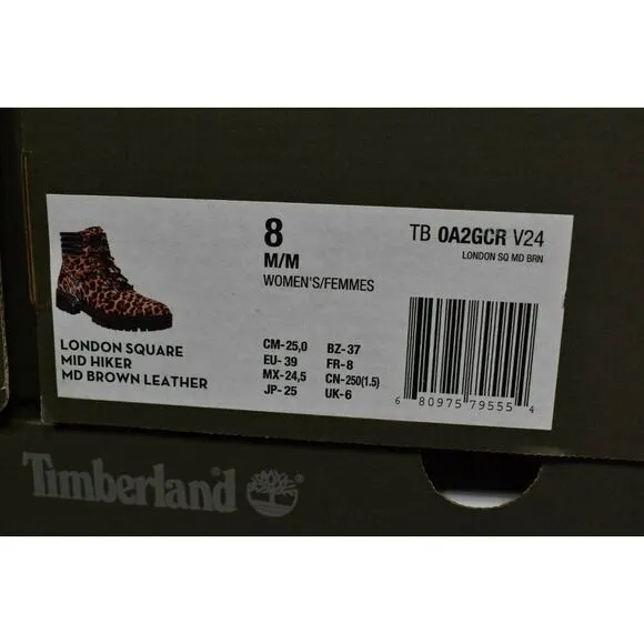 NWB Timberland Womens Size 8 London Square Leopard Leather Mid Hiker Boots Shoes