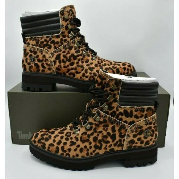 NWB Timberland Womens Size 8 London Square Leopard Leather Mid Hiker Boots Shoes